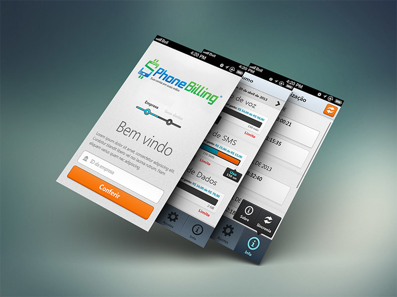 Telas do Aplicativo da Phonebilling
