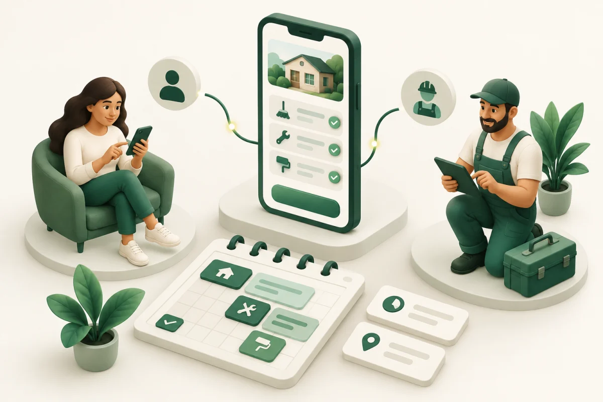 Planejamento de aplicativo de serviços conectando cliente, profissional e tarefas
