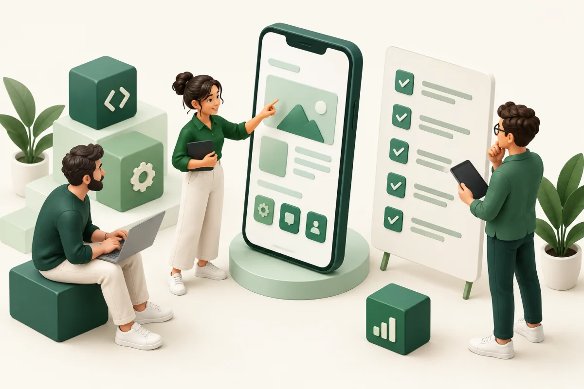 Equipe ilustrada avaliando um protótipo de aplicativo e uma lista de requisitos
