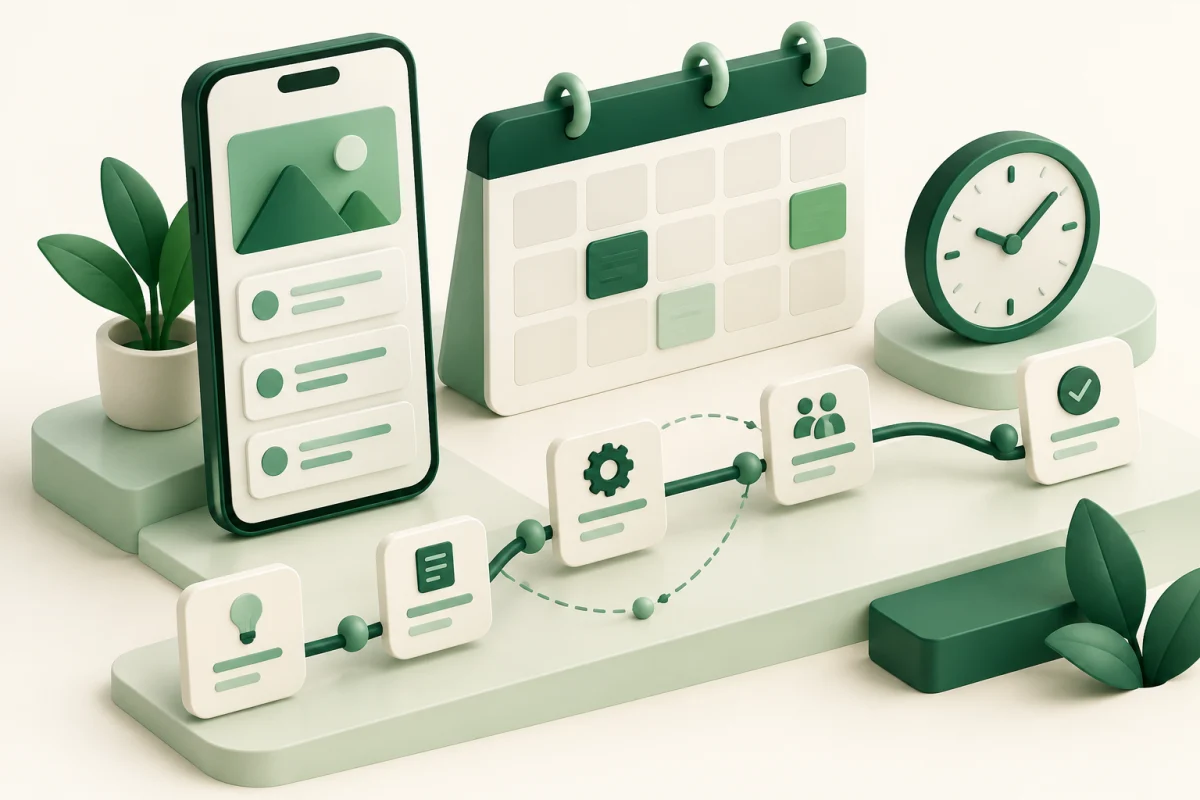 Calendário, etapas e relógio para estimar o desenvolvimento de um aplicativo