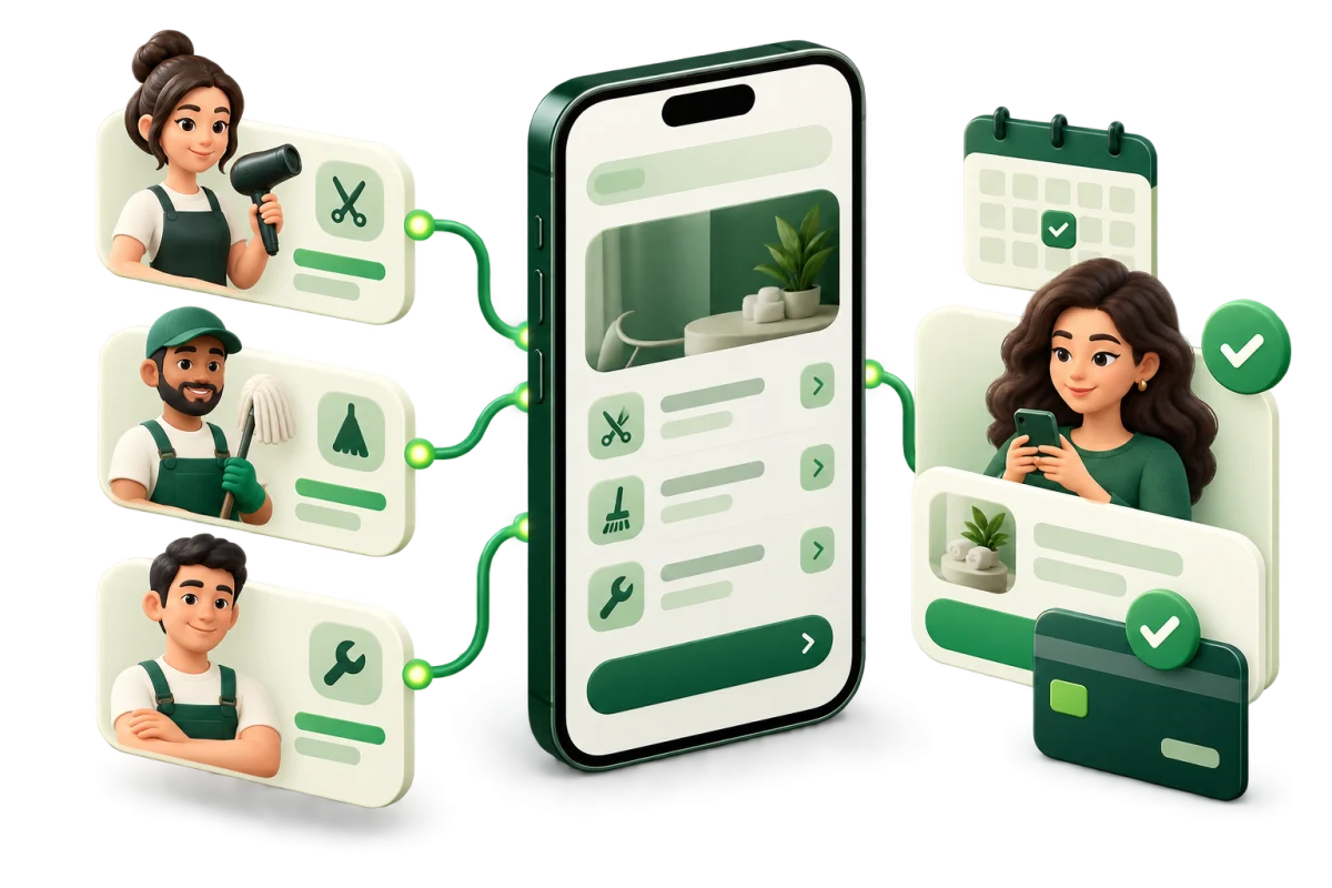 Aplicativo de serviços conectando clientes a profissionais com agendamento e pagamento