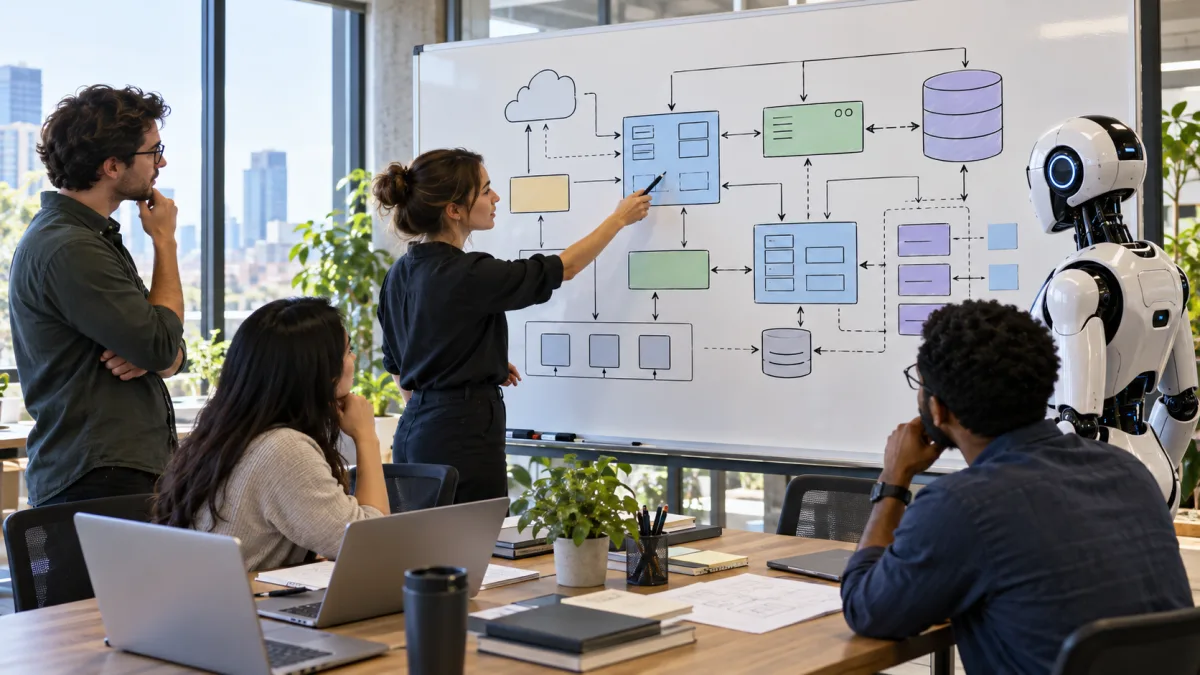 Arquitetos de software analisam módulos e fluxos de dados em quadro de projeto