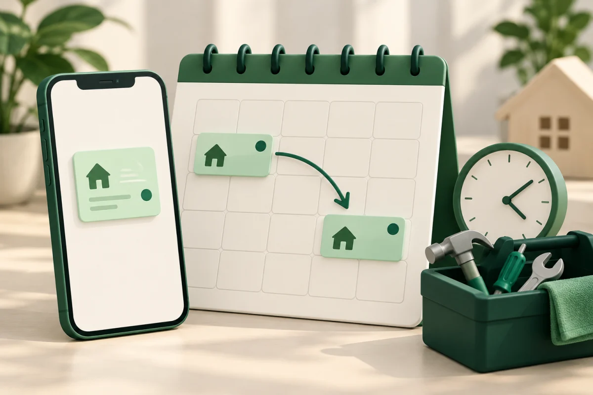 Ilustração de reagendamento em aplicativo de serviços, com calendário, celular e relógio.