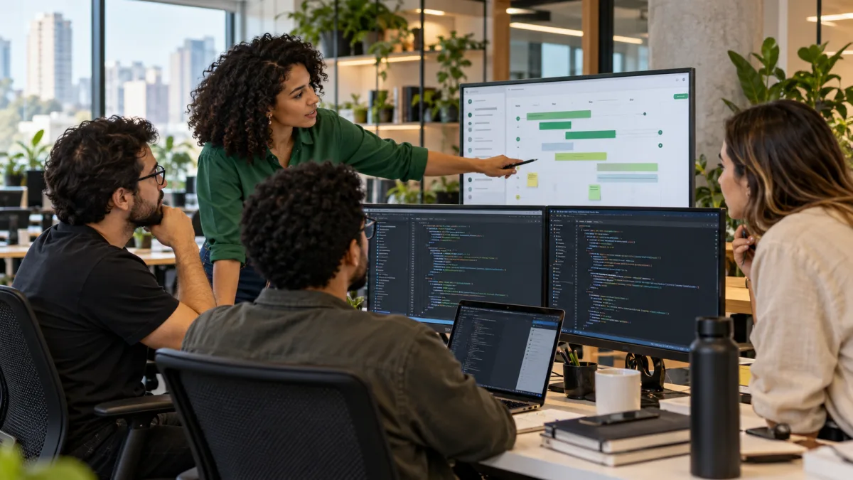 Equipe de produto e desenvolvimento planeja software com apoio de inteligência artificial