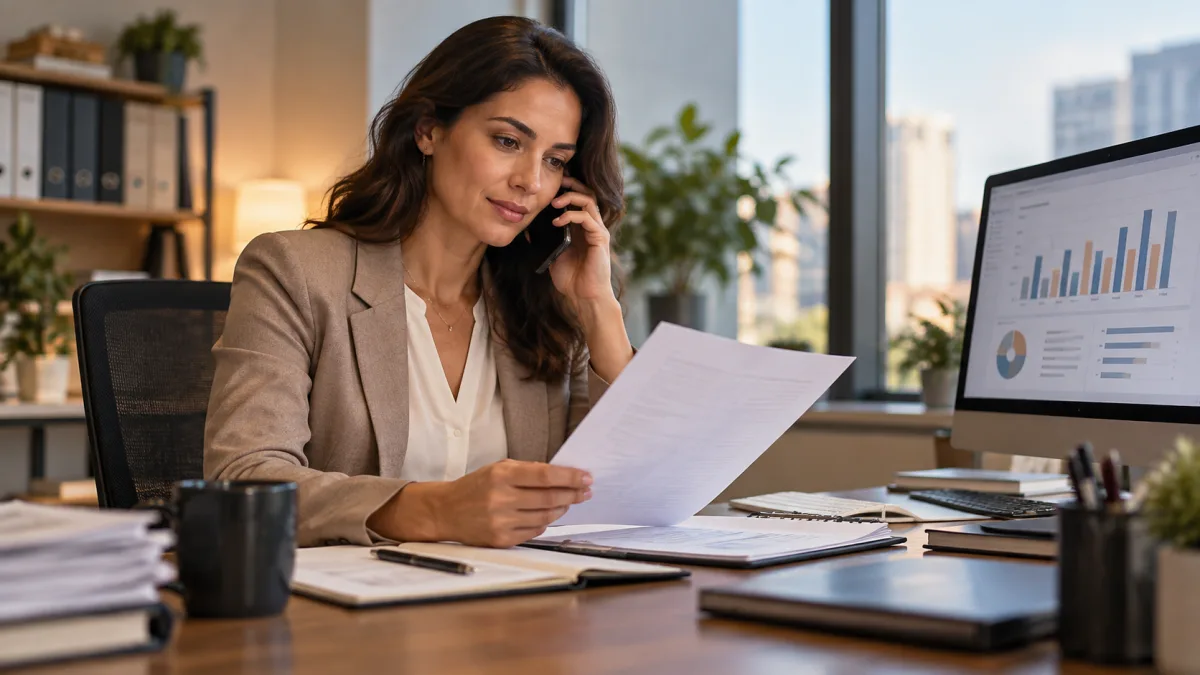 Profissional financeiro analisa recebíveis antes de conversar com cliente empresarial