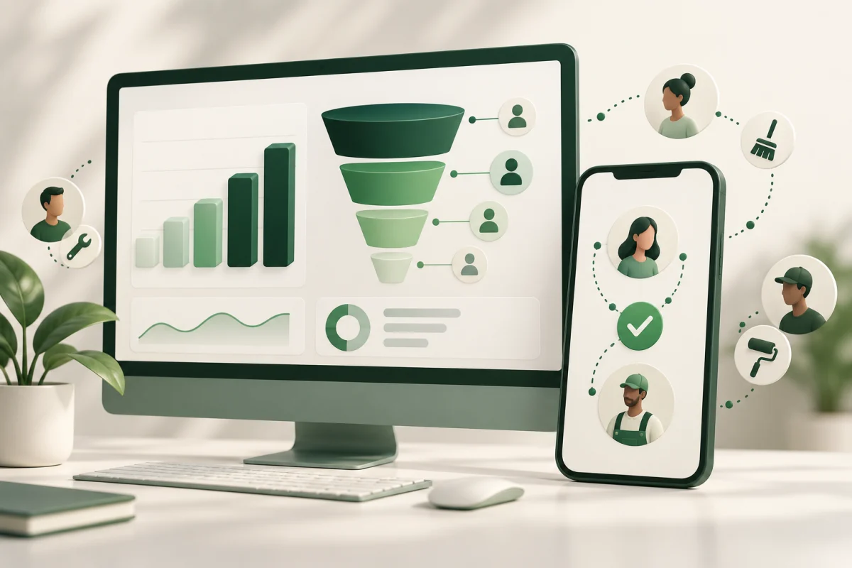 Painel ilustrativo de indicadores de aplicativo de serviços, com funil e gráficos ligados a clientes e prestadores.