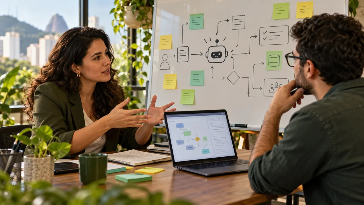 Profissional de negócios e desenvolvedor discutem requisitos de software diante de um quadro