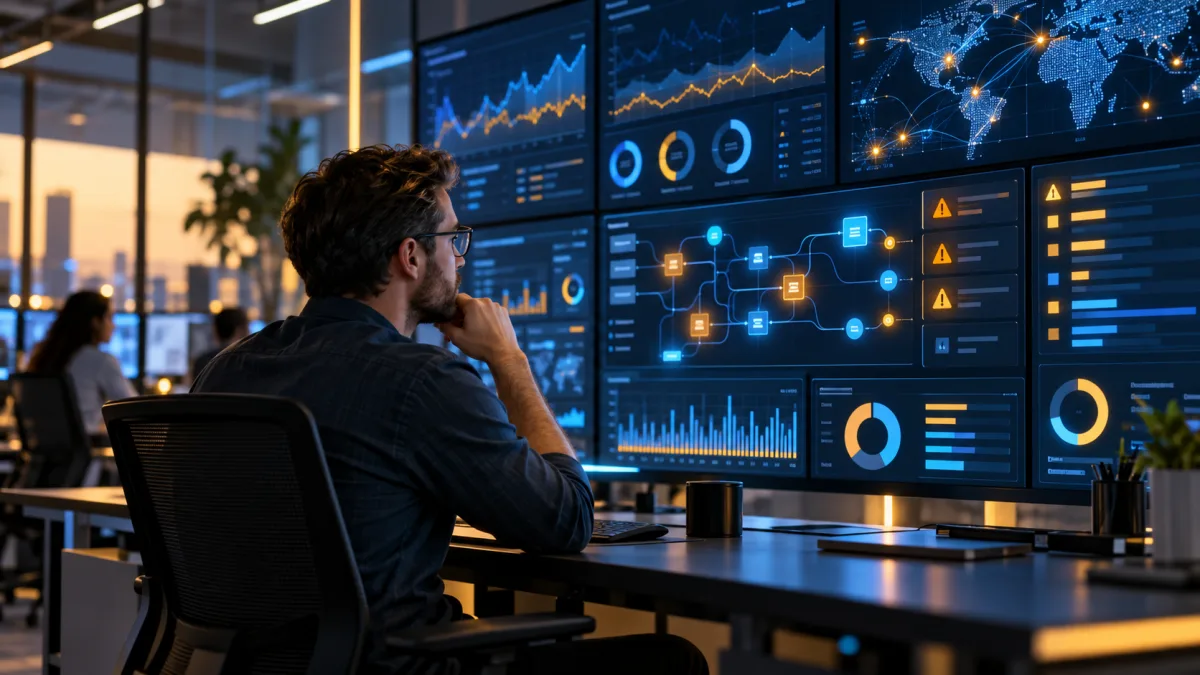 Analista monitora indicadores de processos automatizados em painel digital
