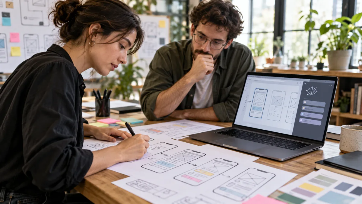 Designer esboça telas e revisa protótipos digitais de software com um colega