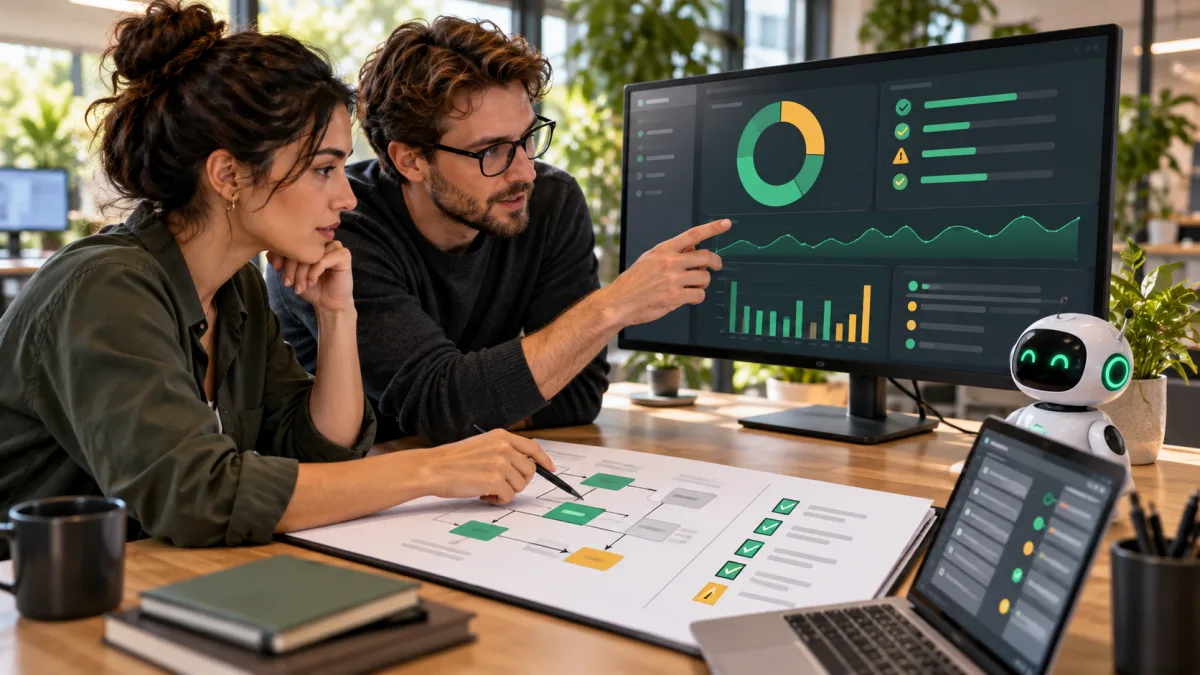 Engenheiros de qualidade avaliam cenários e resultados de testes de software